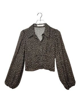 Astr Black Taupe Geo Print Ruched Balloon Sleeve Women’s Blouse Sz L